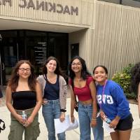 Students posing for a picture outside Mackinac Hall at GVSU during orientation